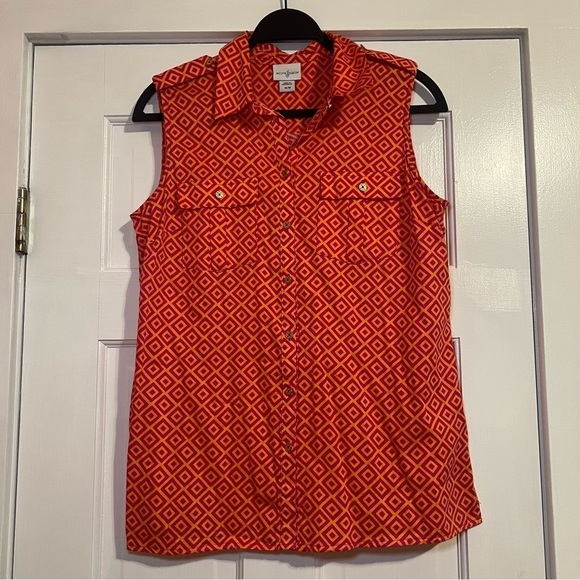 Jaclyn Smith Tops - #56 JACLYN SMITH PINK ORANGE GEOMETRIC GOLD BUTTON BLOUSE MEDIUM